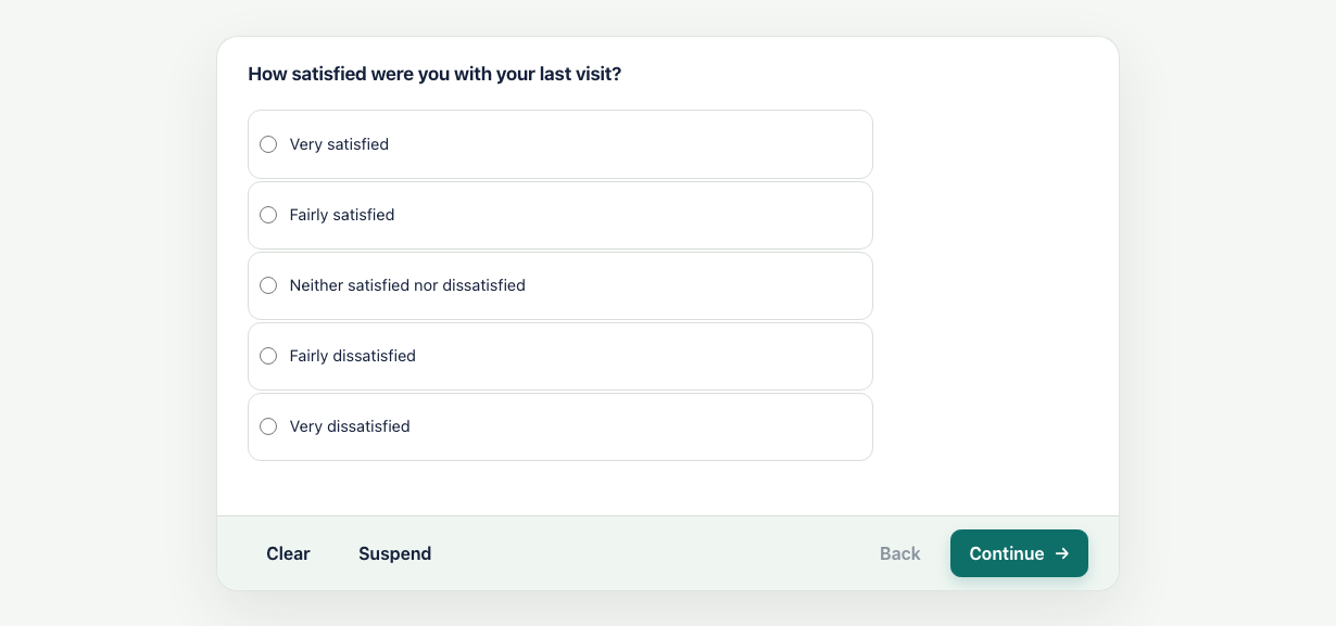 An ODIN satisfaction question running in the debugger, with five answer options and interview navigation.