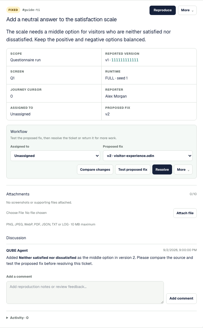 A demonstration ticket with a proposed fix in version 2, source comparison, testing and human review controls.